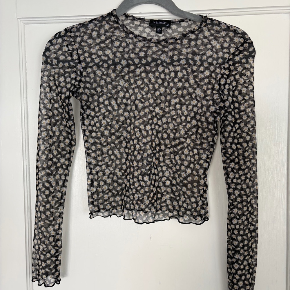 Sheer Black and White Floral Long Sleeve Top